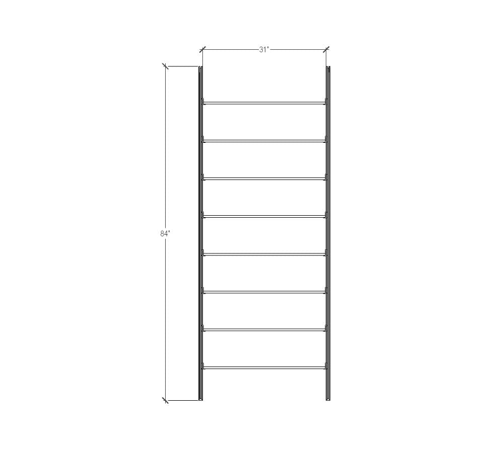 Technical drawing of a DVD media storage shelving unit with black shelves and satin vertical posts, two bays, 24-inch shelf width, showing product dimensions and configuration details.