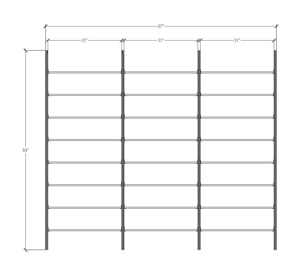 Technical drawing of a DVD media storage shelving unit with satin shelves and satin vertical posts, two bays, 24-inch shelf width, showing product dimensions and configuration details.