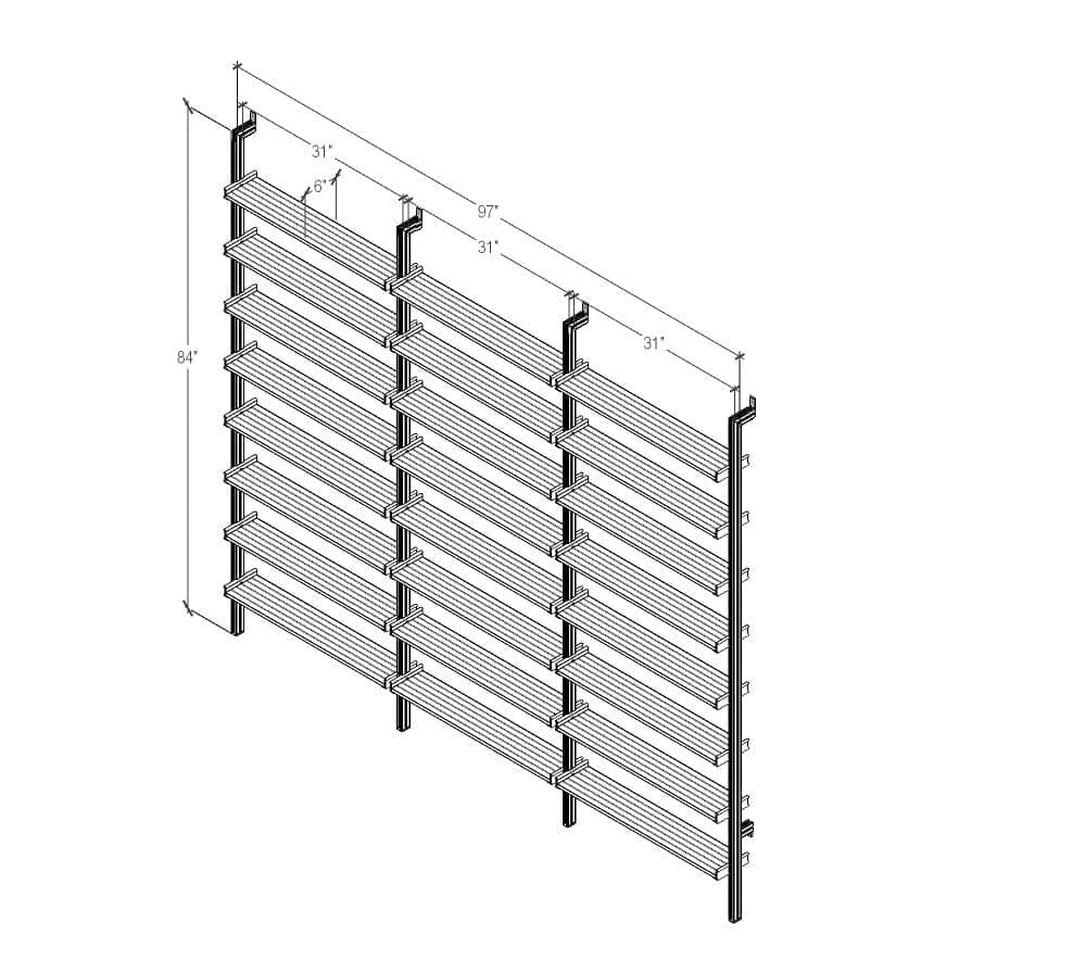 Technical drawing of a DVD media storage shelving unit with satin shelves and satin vertical posts, three bays, 31-inch shelf width, showing product dimensions and configuration details.