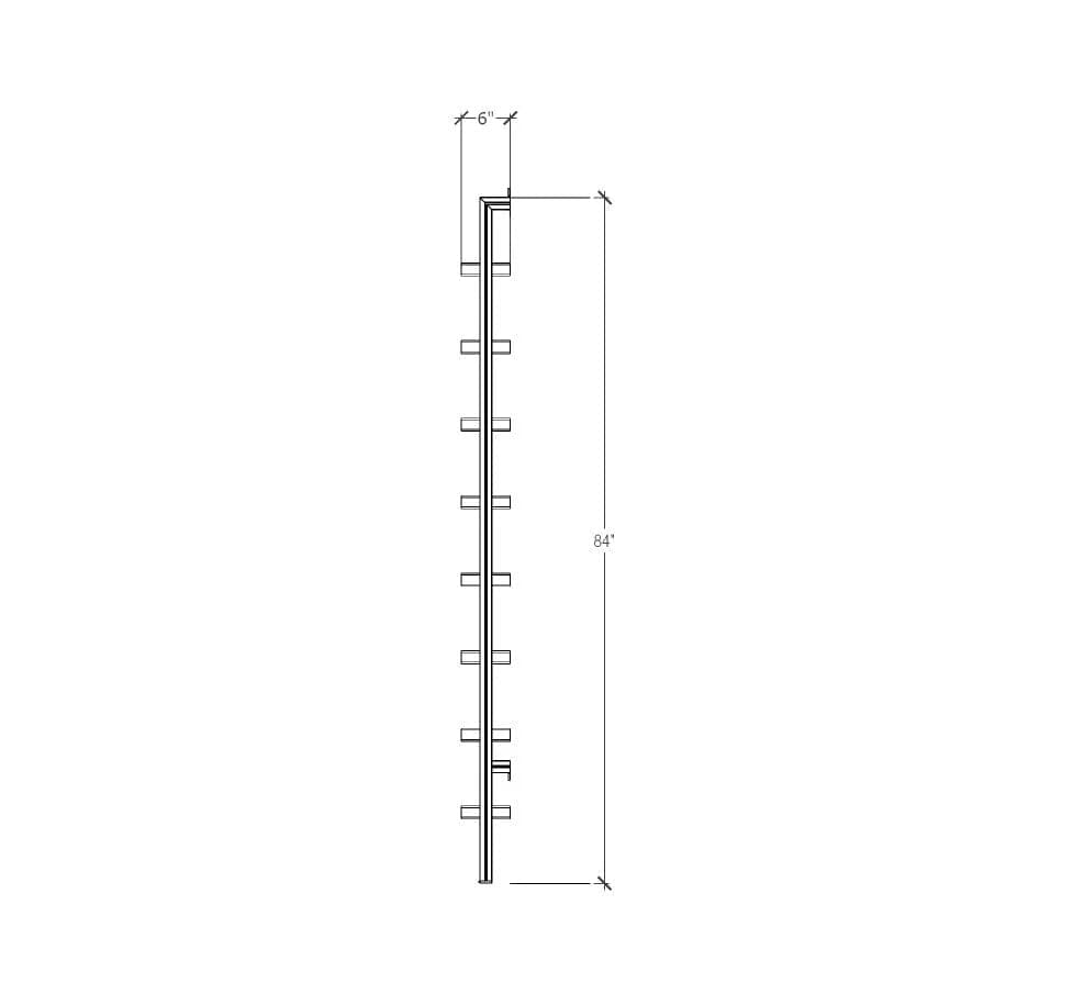 Technical drawing of a DVD media storage shelving unit with black shelves and satin vertical posts, three bays, 24-inch shelf width, showing product dimensions and configuration details.