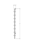 Technical drawing of a DVD media storage shelving unit with black shelves and satin vertical posts, three bays, 24-inch shelf width, showing product dimensions and configuration details.