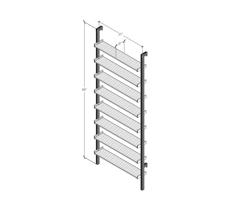 Technical drawing of a DVD media storage shelving unit with black shelves and black vertical posts, one bay, 31-inch shelf width, showing product dimensions and configuration details.