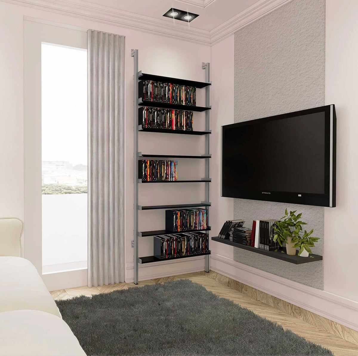 DVD media storage shelving unit with black shelves and satin vertical posts, one bay, 24-inch shelf width, styled in a modern room.