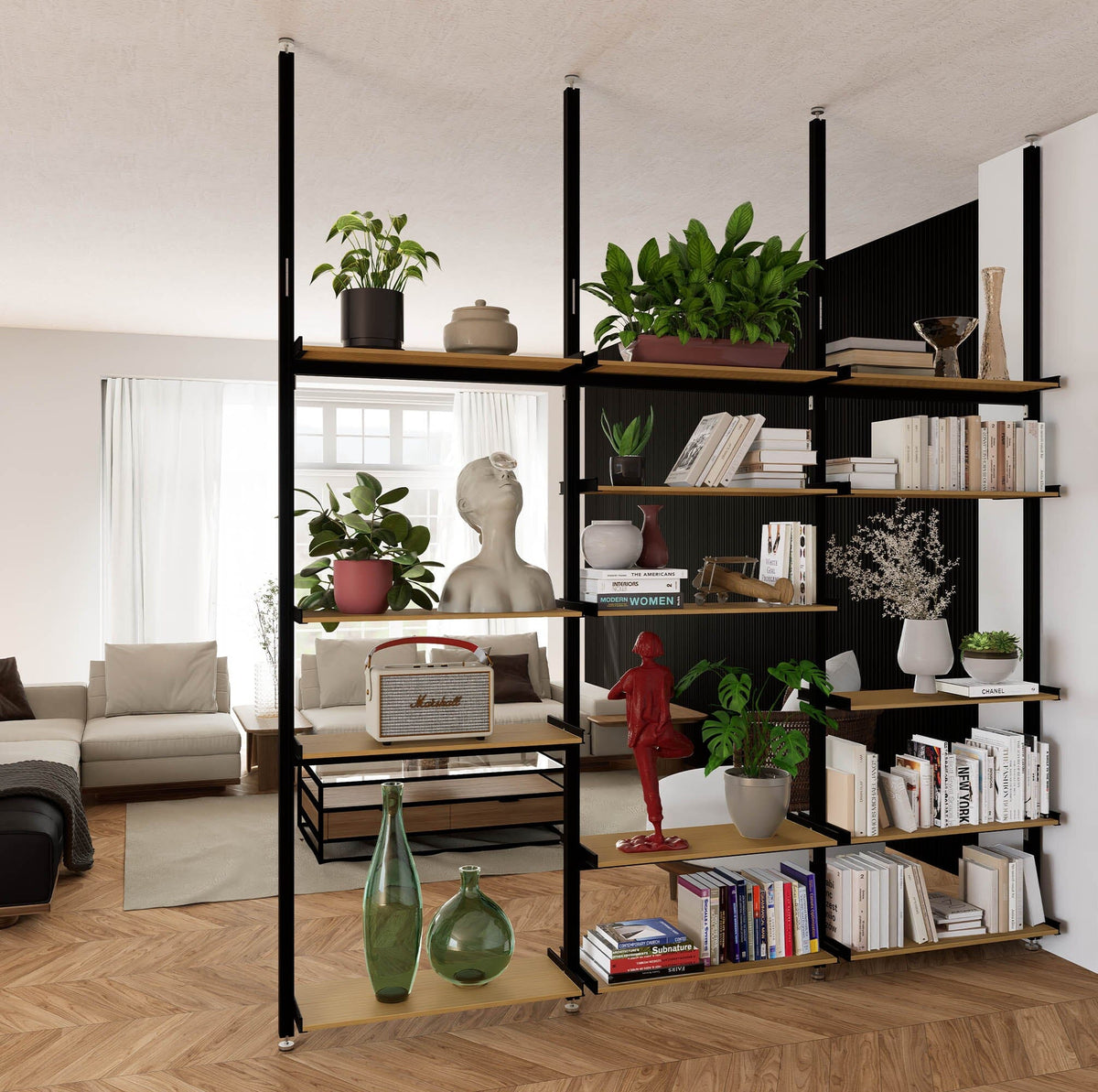 Aluminaire floor-to-ceiling room divider shelving unit with wood-look aluminum shelves, black vertical posts, one bay, 24-inch bay width, and six open shelf levels styled in a room setting.