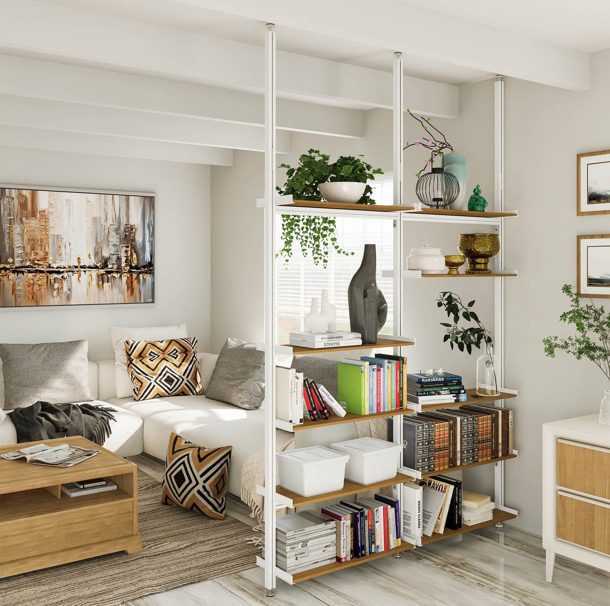 Aluminaire floor-to-ceiling room divider shelving unit with wood-look aluminum shelves, white vertical posts, one bay, 24-inch bay width, and six open shelf levels styled in a room setting.
