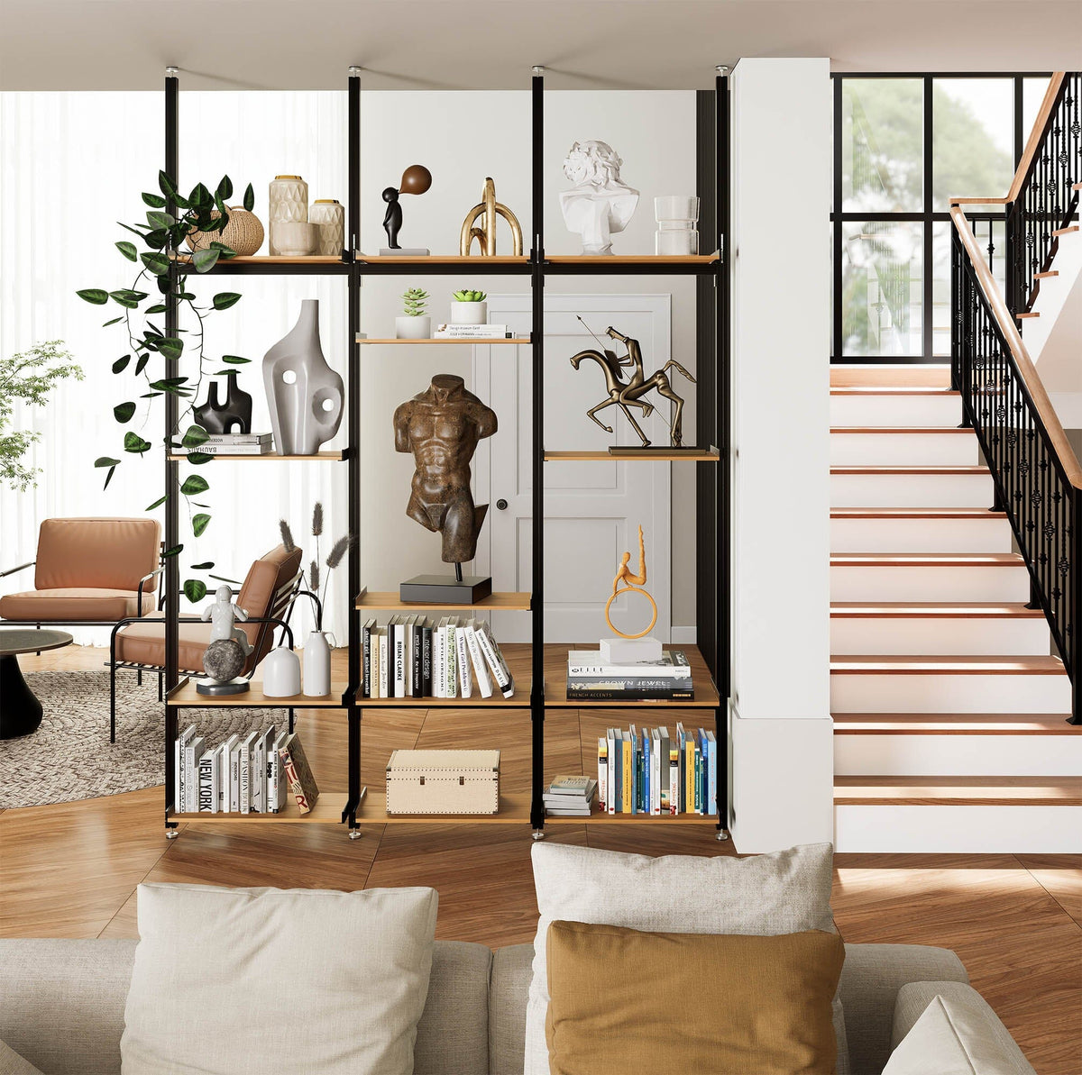 Aluminaire floor-to-ceiling room divider shelving unit with wood-look aluminum shelves, white vertical posts, one bay, 24-inch bay width, and six open shelf levels styled in a room setting.