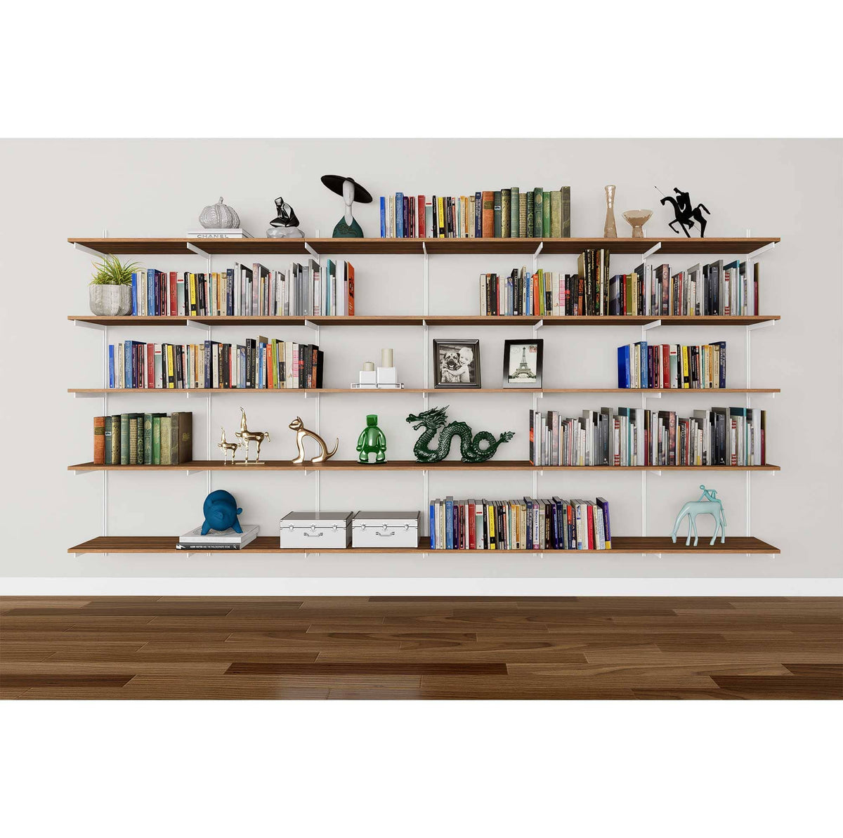 Modular shelving unit with Tea for Two shelves, black vertical posts, and one bay, shown with three open shelf levels styled in a room setting.