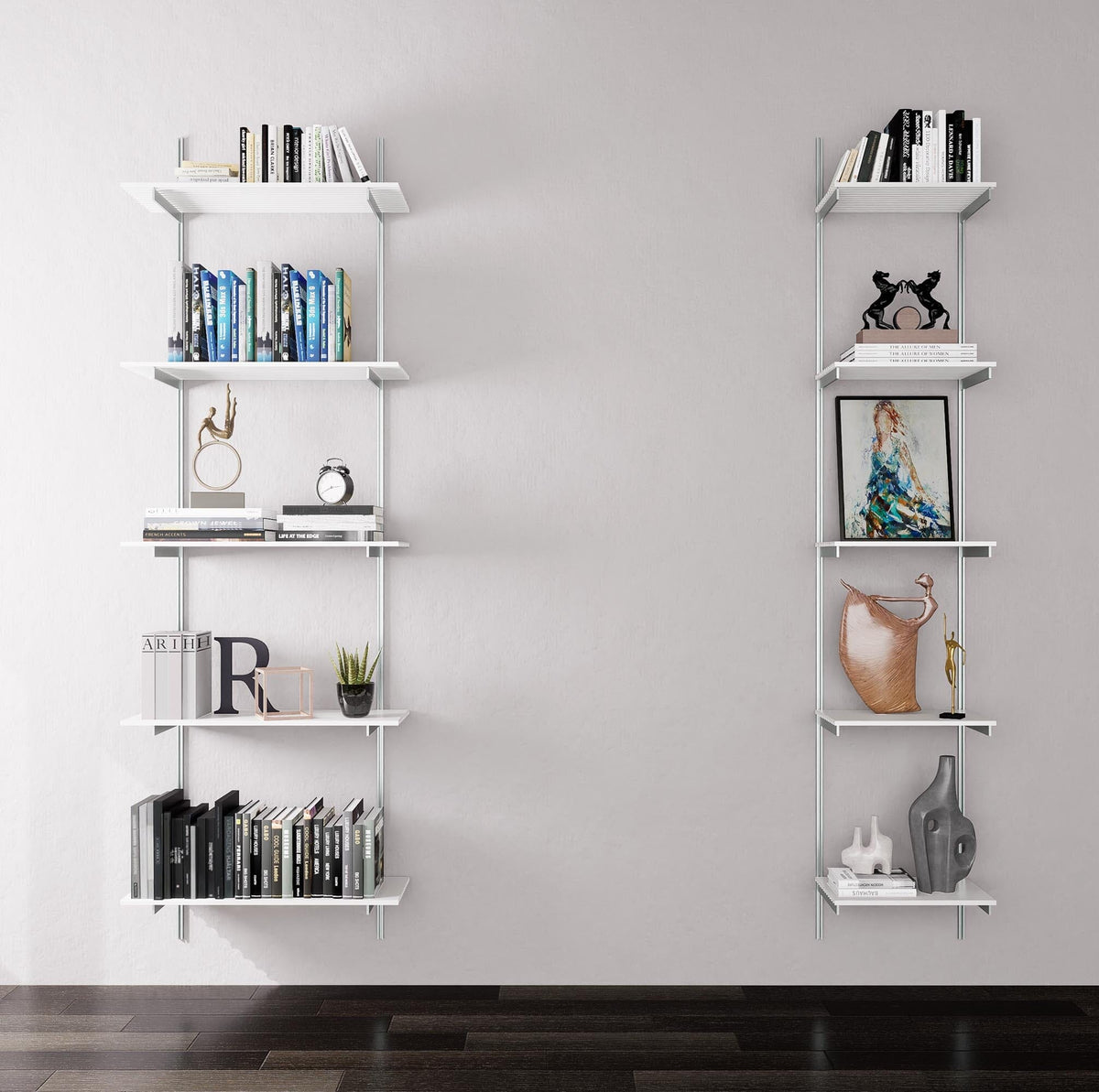 Modular shelving unit with white shelves, satin vertical posts, and one bay, shown with three open shelf levels styled in a room setting.