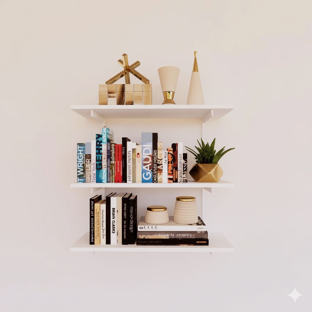 Modular shelving unit with black shelves, black vertical posts, and one bay, shown with three open shelf levels styled in a room setting.