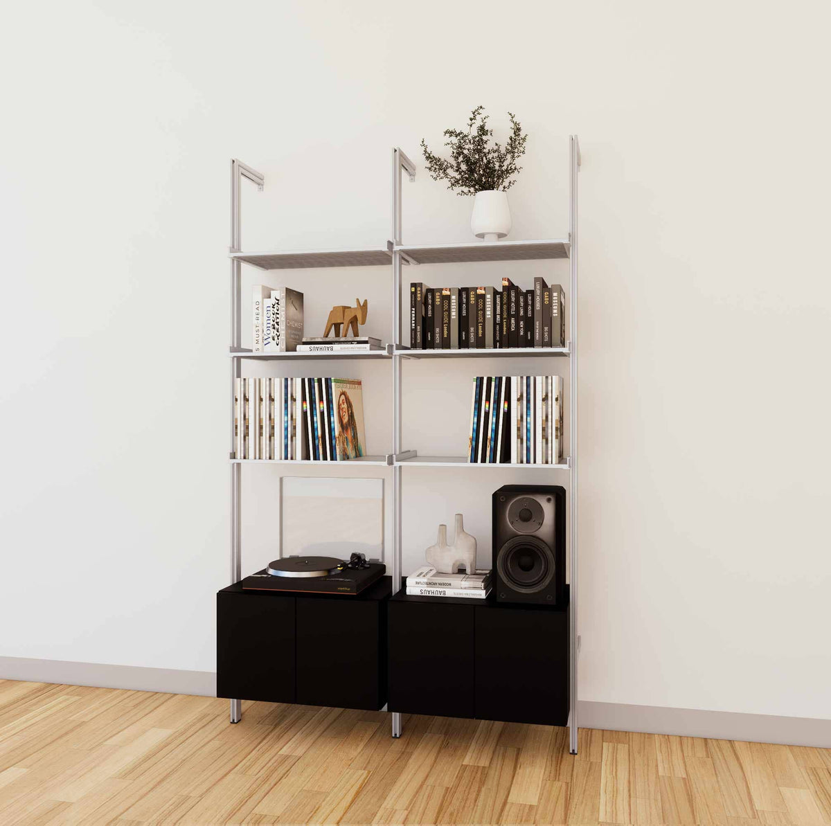 LP vinyl media storage shelving unit with satin shelves and satin vertical posts, with Tea for Two wood cabinet storage, three bays, 24-inch shelf width, shown with open record storage shelf levels.
