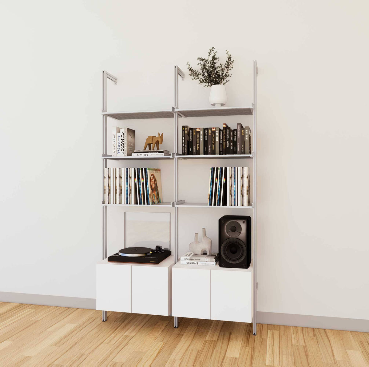 LP vinyl media storage shelving unit with white shelves and white vertical posts, with Casting Light wood cabinet storage, three bays, 24-inch shelf width, shown with open record storage shelf levels.