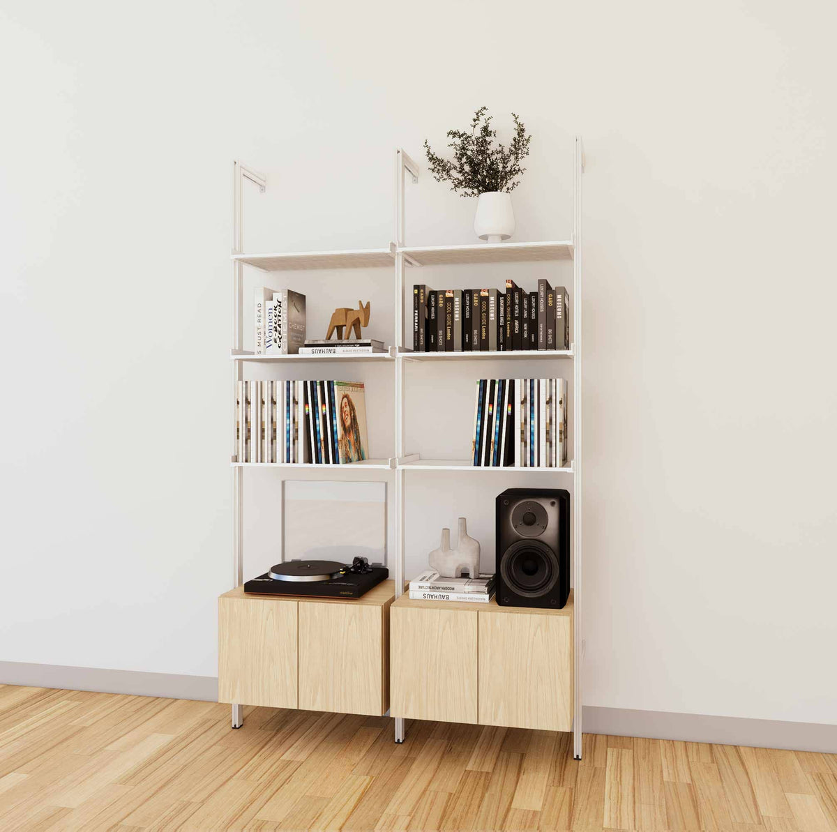 LP vinyl media storage shelving unit with white shelves and white vertical posts, with Casting Light wood cabinet storage, three bays, 24-inch shelf width, shown with open record storage shelf levels.