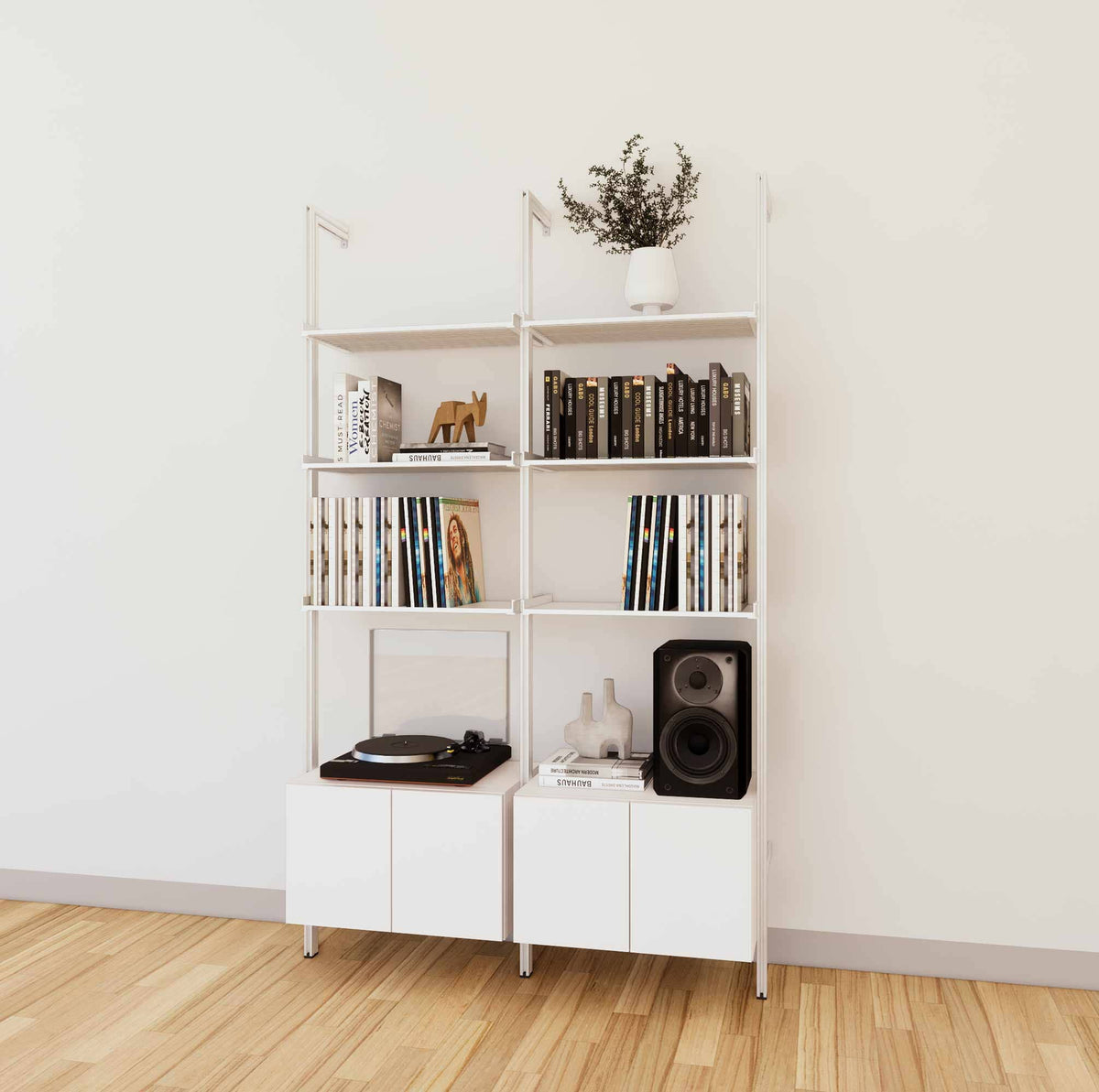 LP vinyl media storage shelving unit with white shelves and white vertical posts, with Tea for Two wood cabinet storage, three bays, 24-inch shelf width, shown with open record storage shelf levels.