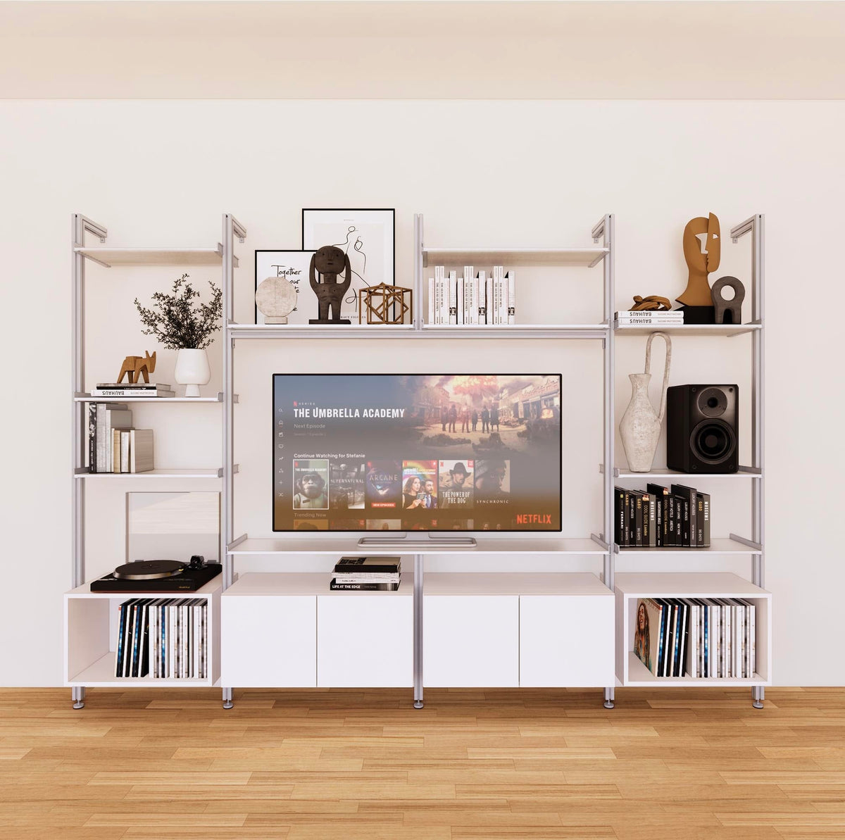 LP vinyl media storage shelving unit with white shelves and satin vertical posts, shown with open record storage shelf levels.