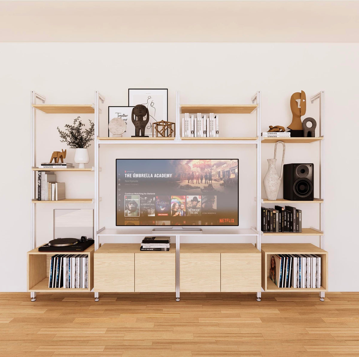 Harmony four-bay media unit with Casting Light shelves and white vertical posts, four bays, shown with open shelf levels.