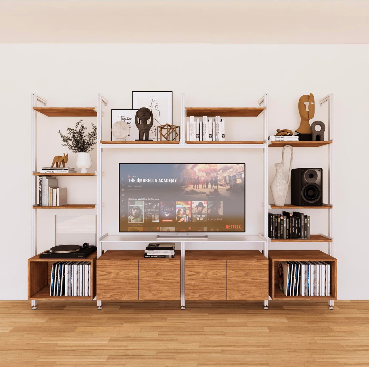 Harmony four-bay media unit with Tea for Two shelves and white vertical posts, four bays, shown with open shelf levels.