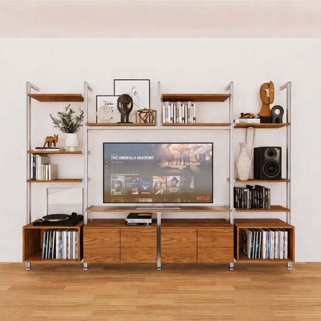 Harmony four-bay media unit with Tea for Two shelves and white vertical posts, four bays, shown with open shelf levels.