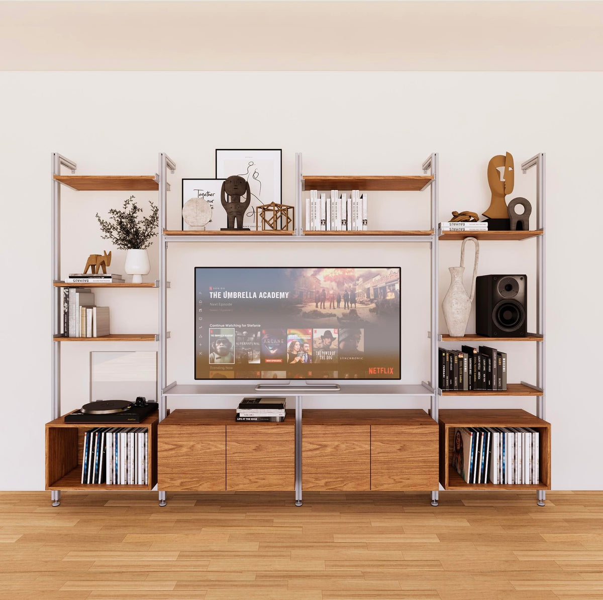 Harmony four-bay media unit with Tea for Two shelves and satin vertical posts, four bays, shown with open shelf levels.