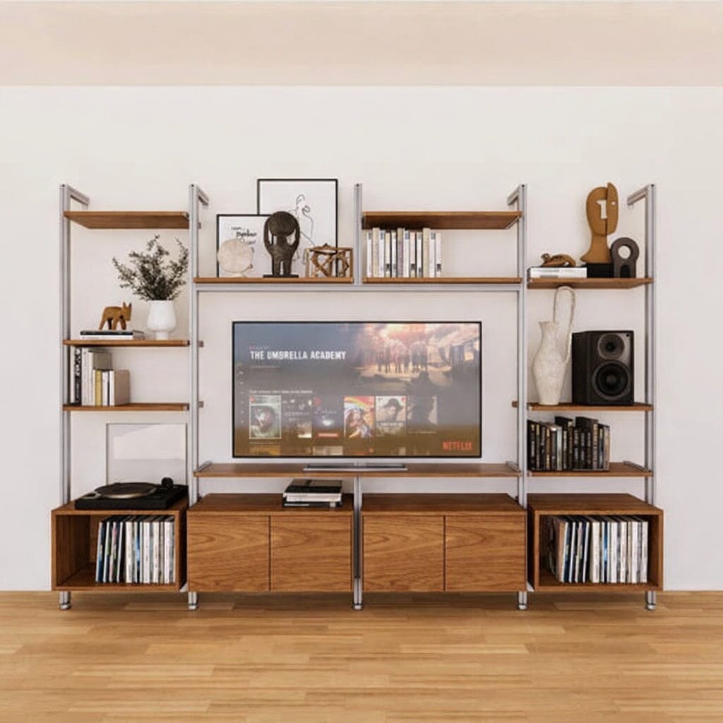 Harmony four-bay media unit with Tea for Two shelves and satin vertical posts, four bays, shown with open shelf levels.