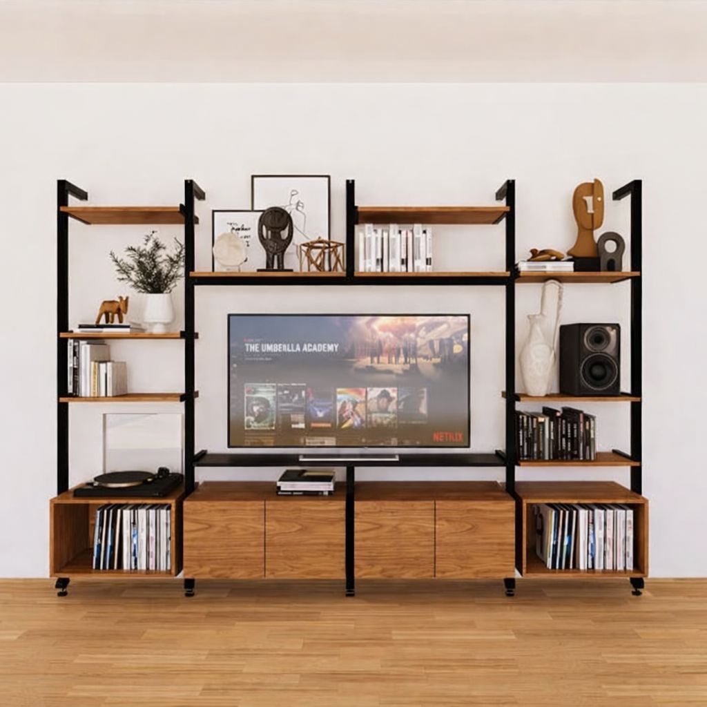 Harmony four-bay media unit with Tea for Two shelves and black vertical posts, four bays, shown with open shelf levels.