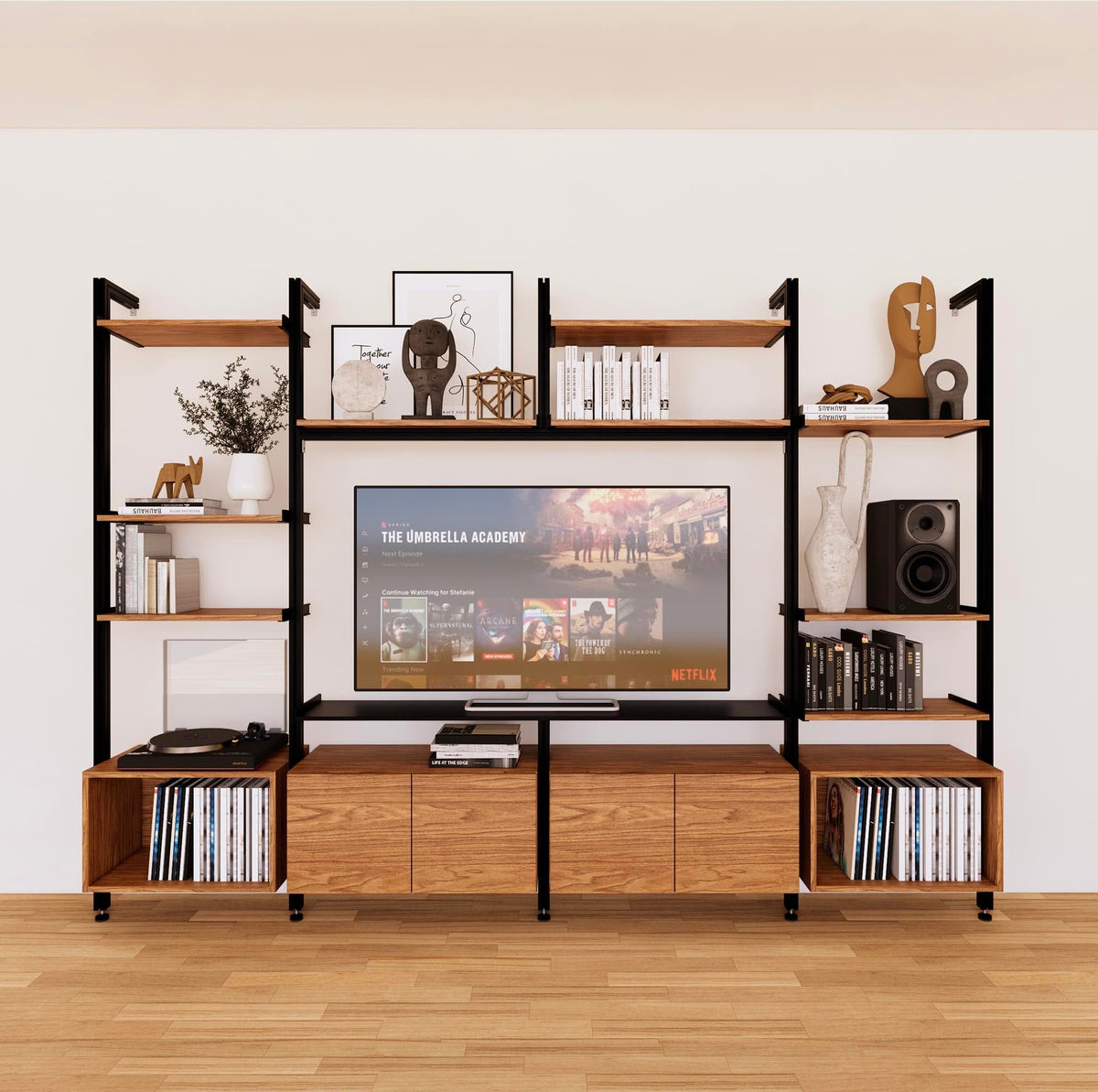 Harmony four-bay media unit with Tea for Two shelves and black vertical posts, four bays, shown with open shelf levels.