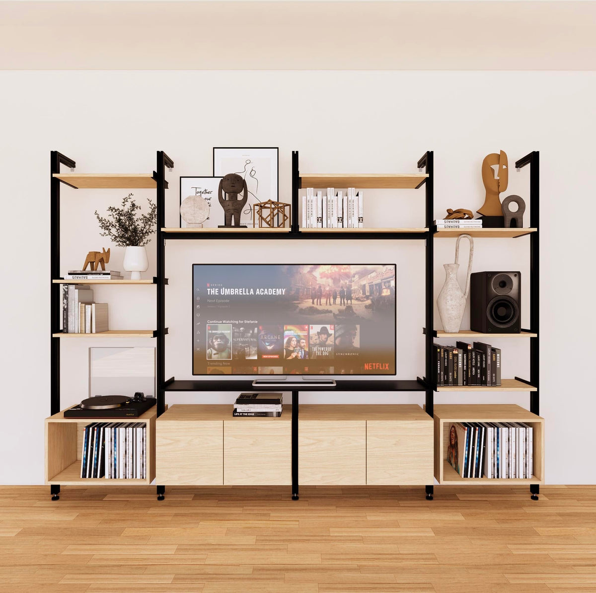 Harmony four-bay media unit with Casting Light shelves and black vertical posts, four bays, shown with open shelf levels.
