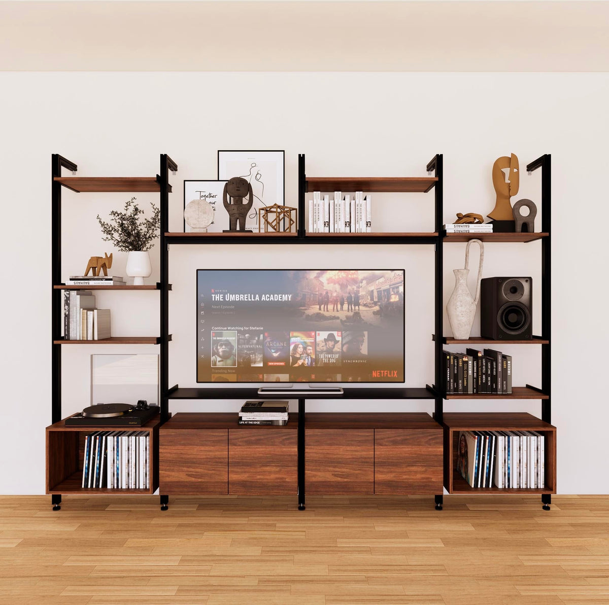 Harmony four-bay media unit with wood-look shelves and black vertical posts, four bays, shown with open shelf levels.
