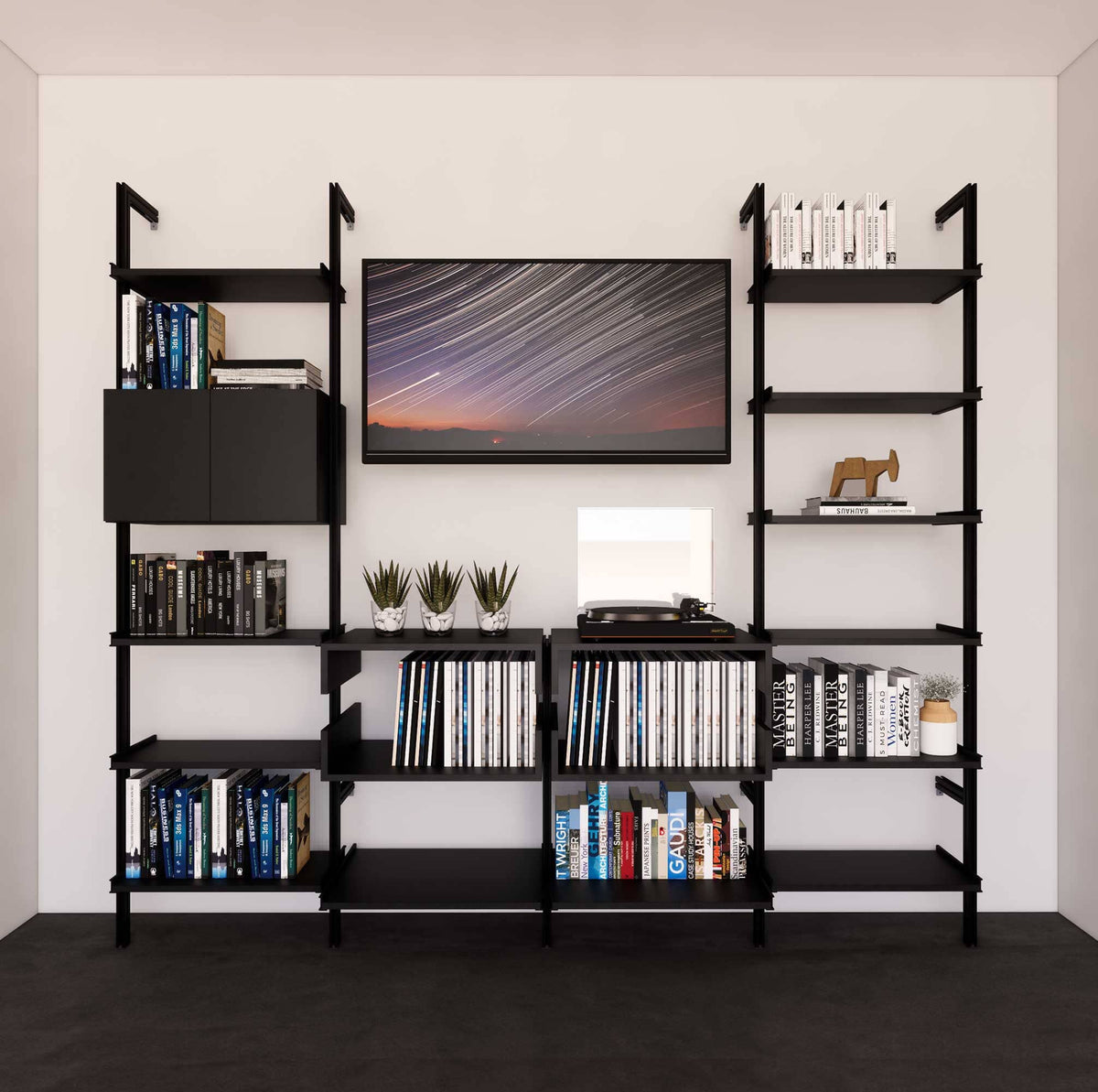 Four-bay media center shelving unit with black shelves and black vertical posts, four bays, shown with open shelf levels.