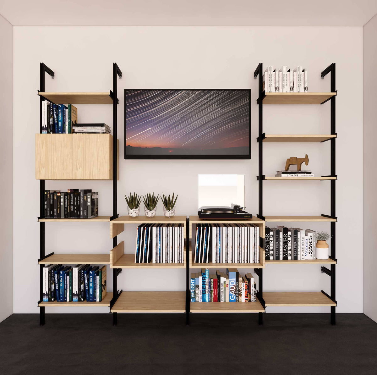 Four-bay media center shelving unit with Casting Light shelves and black vertical posts, four bays, shown with open shelf levels.
