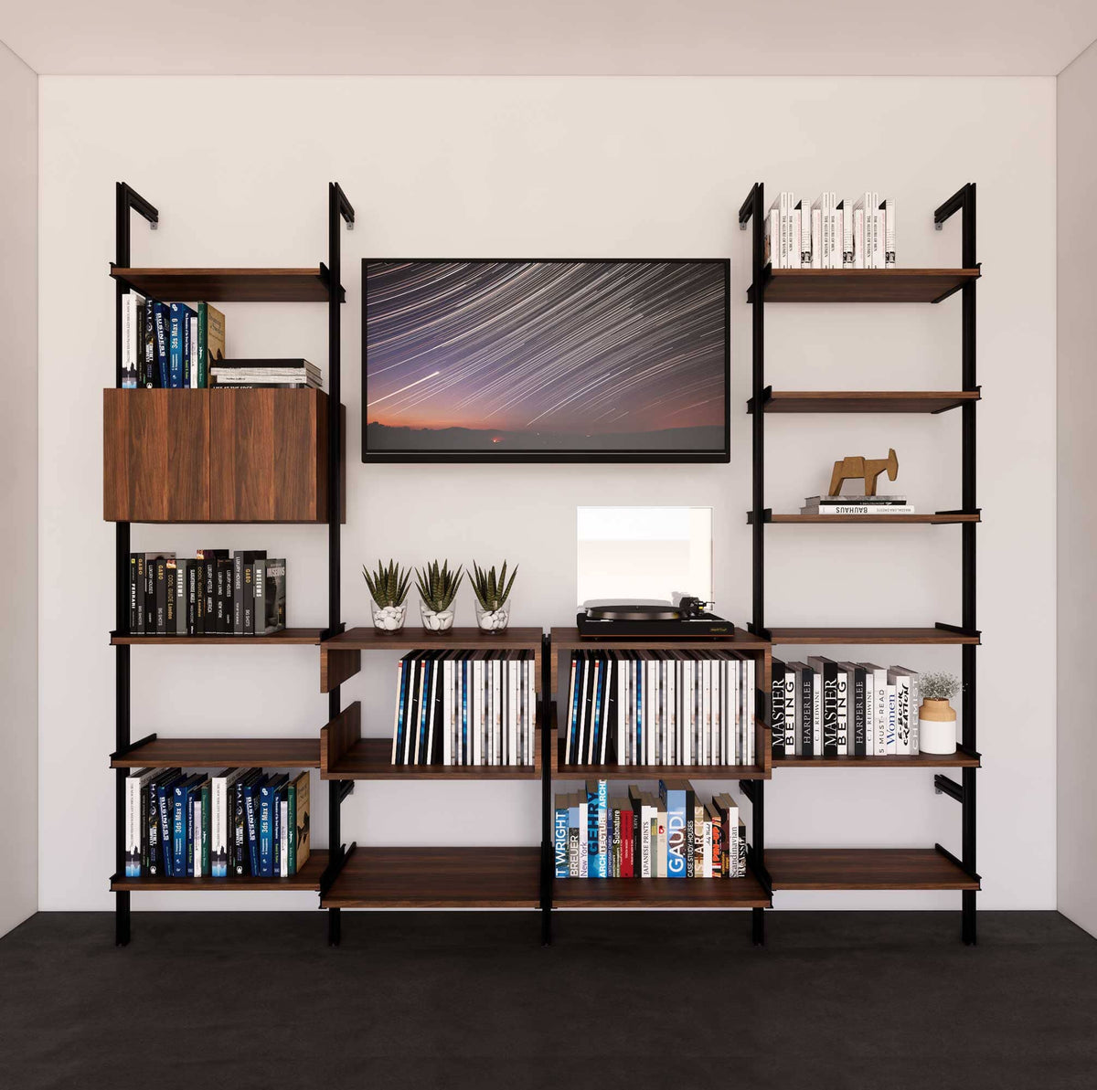 Four-bay media center shelving unit with wood-look shelves and black vertical posts, four bays, shown with open shelf levels.