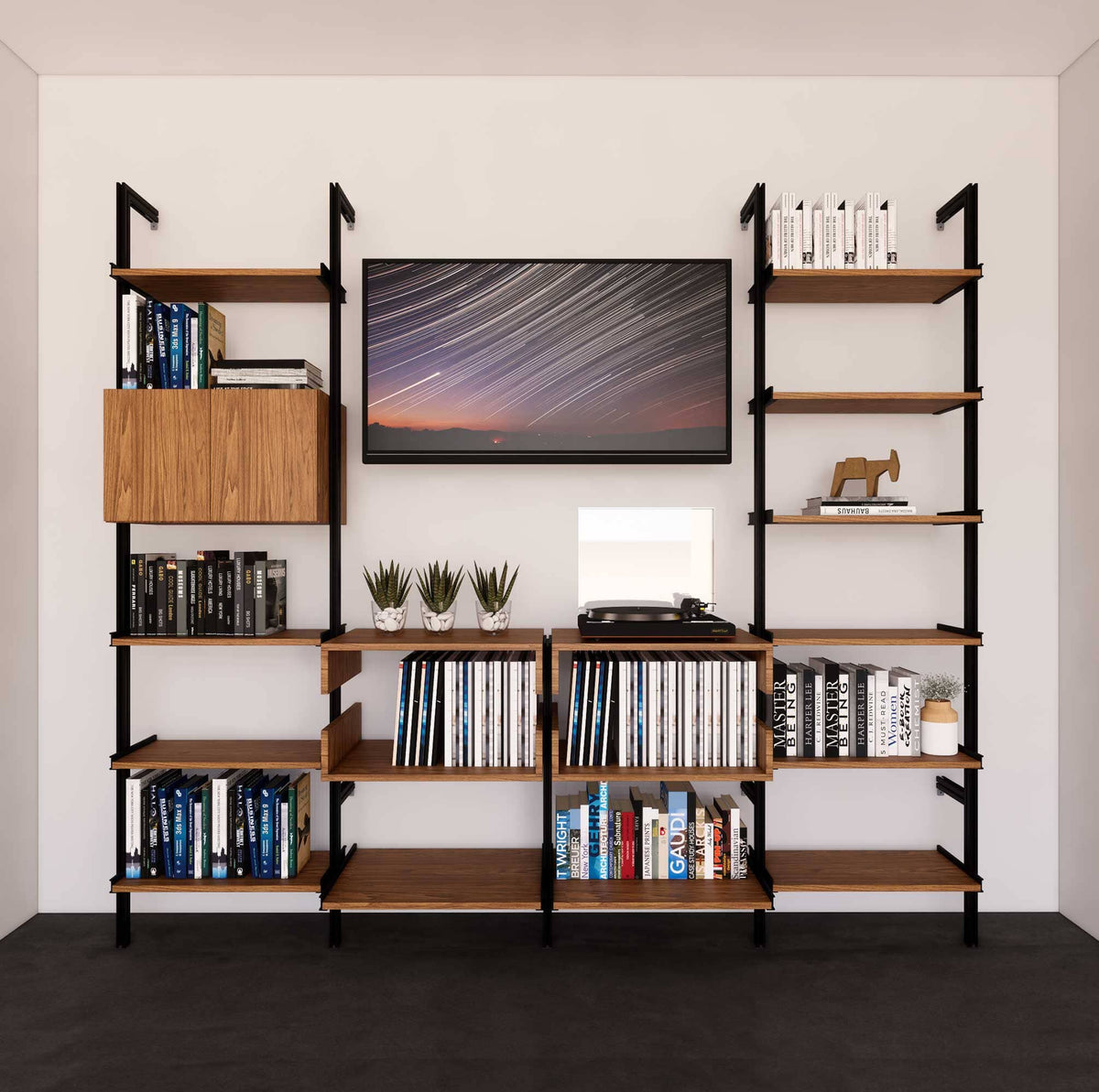 Four-bay media center shelving unit with Tea for Two shelves and black vertical posts, four bays, shown with open shelf levels.