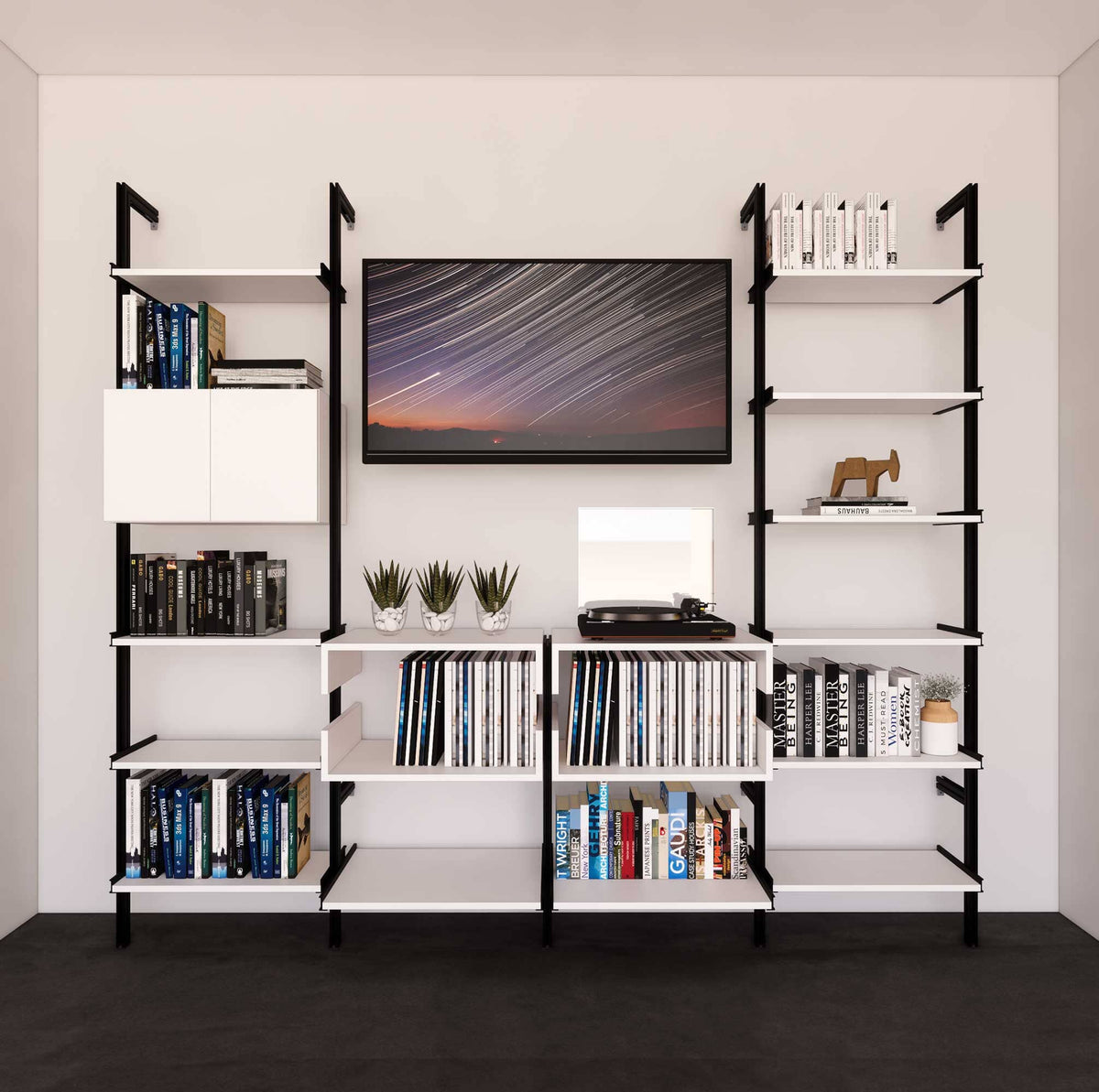 Four-bay media center shelving unit with white shelves and black vertical posts, four bays, shown with open shelf levels.
