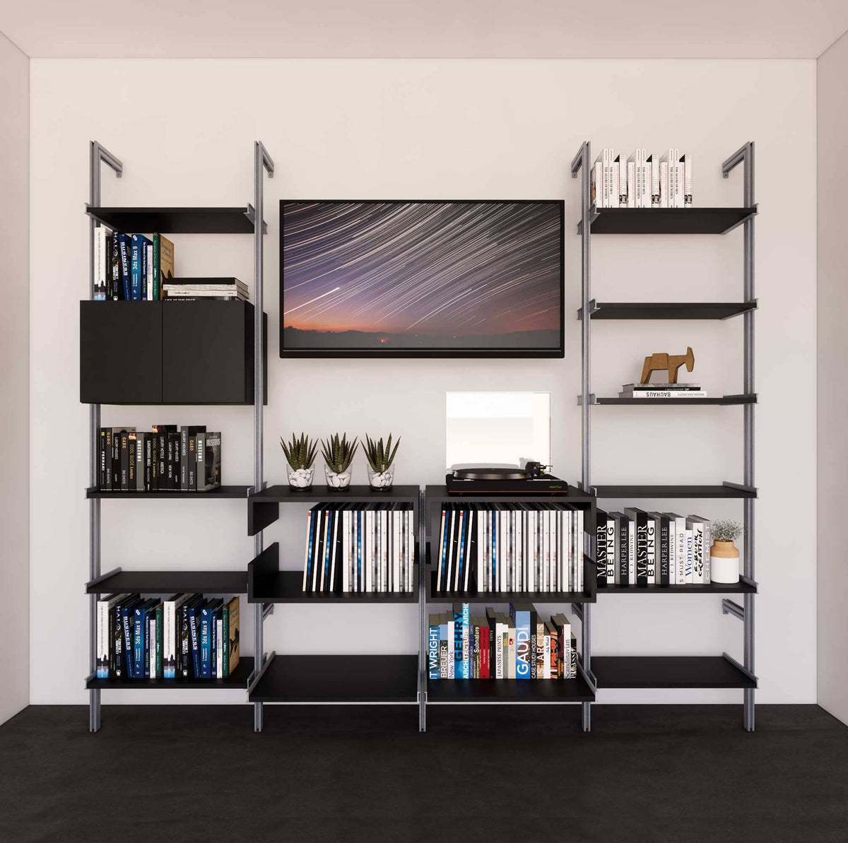 Four-bay media center shelving unit with black shelves and satin vertical posts, four bays, shown with open shelf levels.