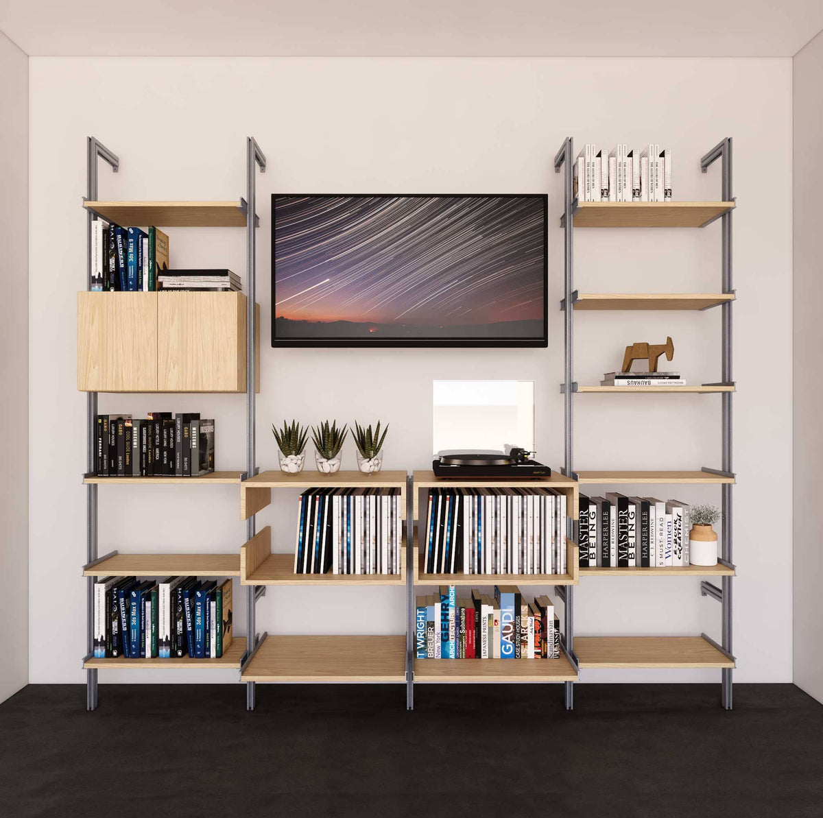 Four-bay media center shelving unit with Casting Light shelves and satin vertical posts, four bays, shown with open shelf levels.