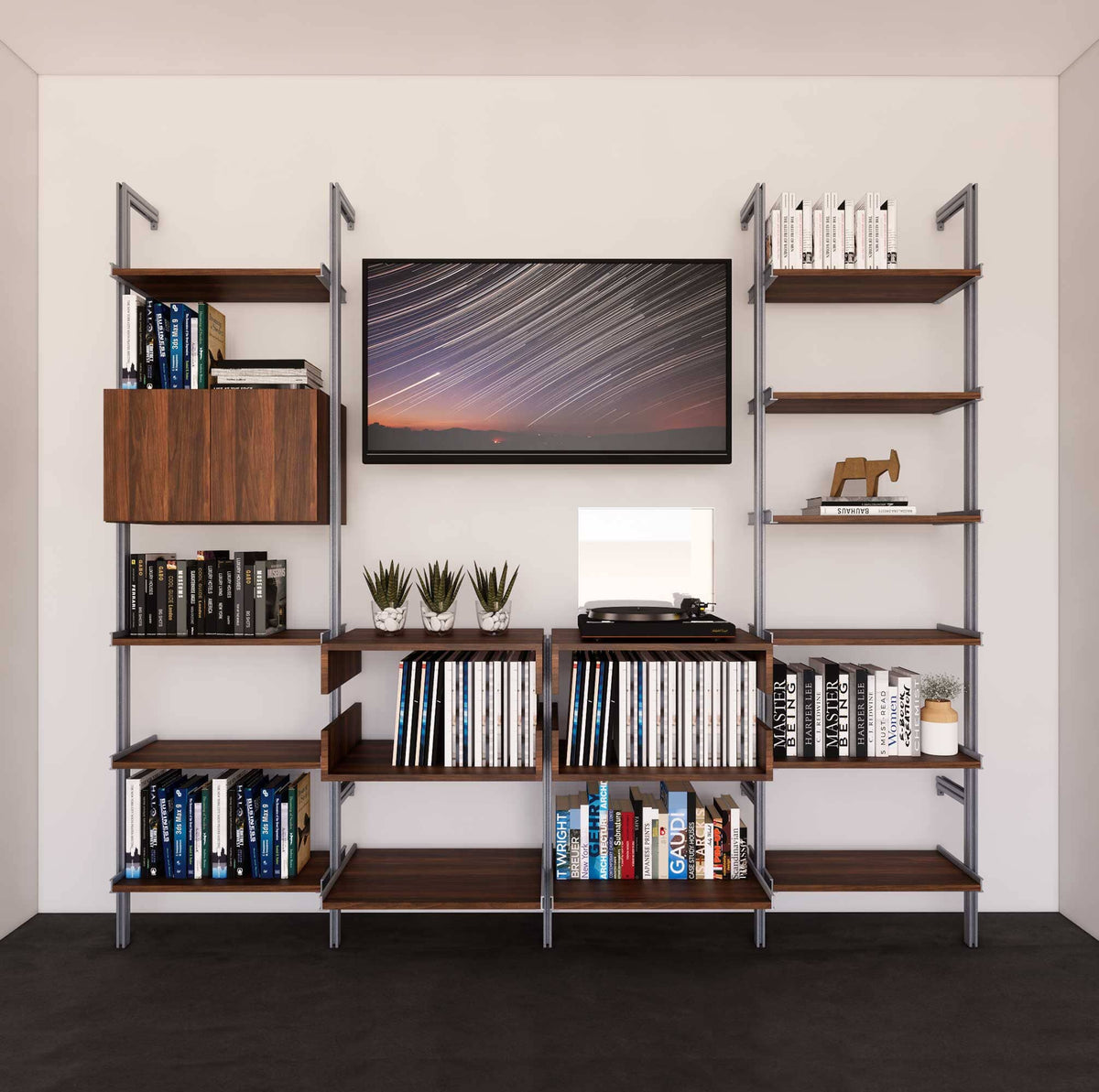 Four-bay media center shelving unit with wood-look shelves and satin vertical posts, four bays, shown with open shelf levels.