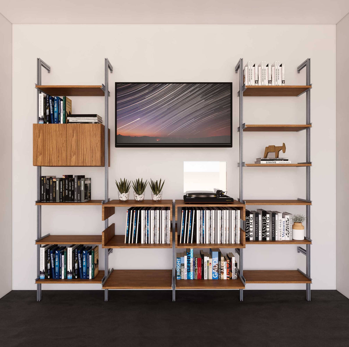 Four-bay media center shelving unit with Tea for Two shelves and satin vertical posts, four bays, shown with open shelf levels.