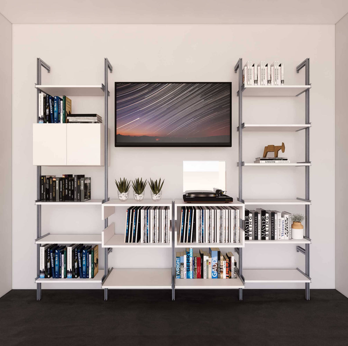 Four-bay media center shelving unit with white shelves and satin vertical posts, four bays, shown with open shelf levels.