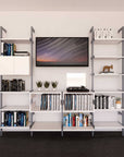 Four-bay media center shelving unit with white shelves and satin vertical posts, four bays, shown with open shelf levels.