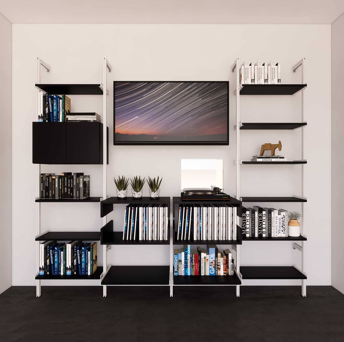 Four-bay media center shelving unit with black shelves and white vertical posts, four bays, shown with open shelf levels.