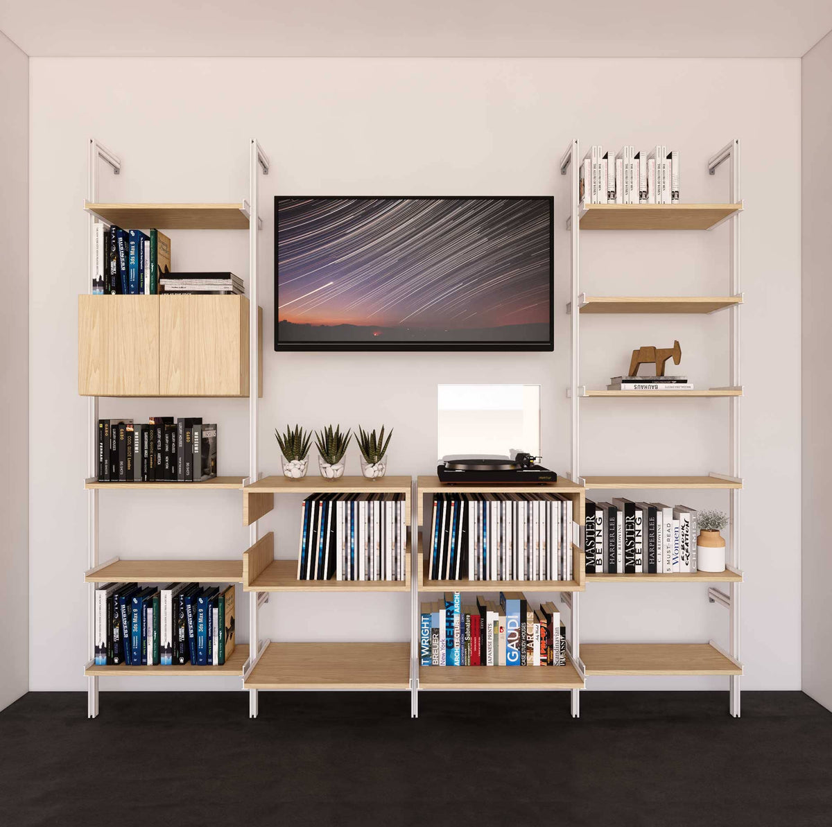 Four-bay media center shelving unit with Casting Light shelves and white vertical posts, four bays, shown with open shelf levels.