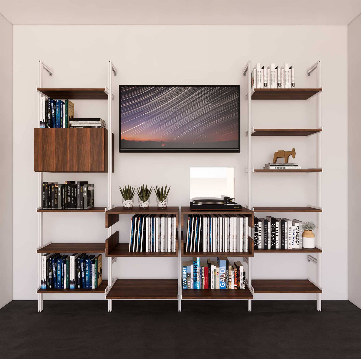 Four-bay media center shelving unit with wood-look shelves and white vertical posts, four bays, shown with open shelf levels.