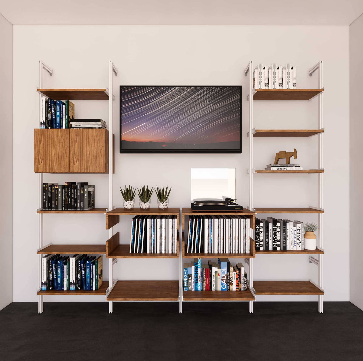 Four-bay media center shelving unit with Tea for Two shelves and white vertical posts, four bays, shown with open shelf levels.