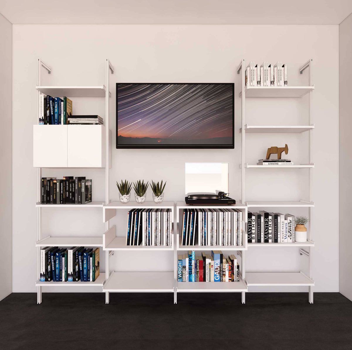 Four-bay media center shelving unit with white shelves and white vertical posts, four bays, shown with open shelf levels.