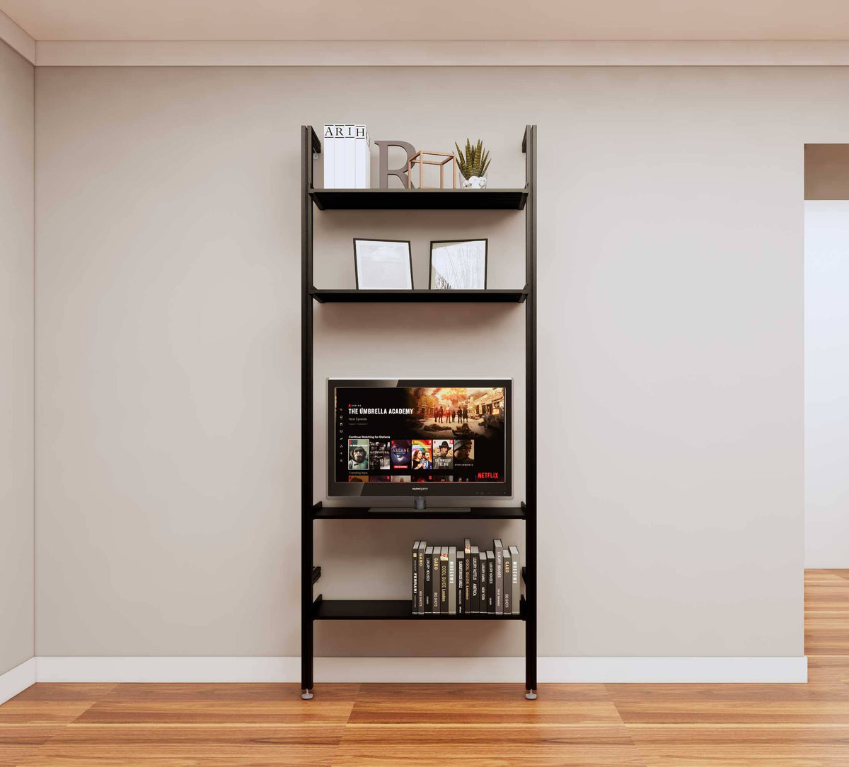 Modular media shelving extension with black shelves and black vertical post, shown with open shelf levels.