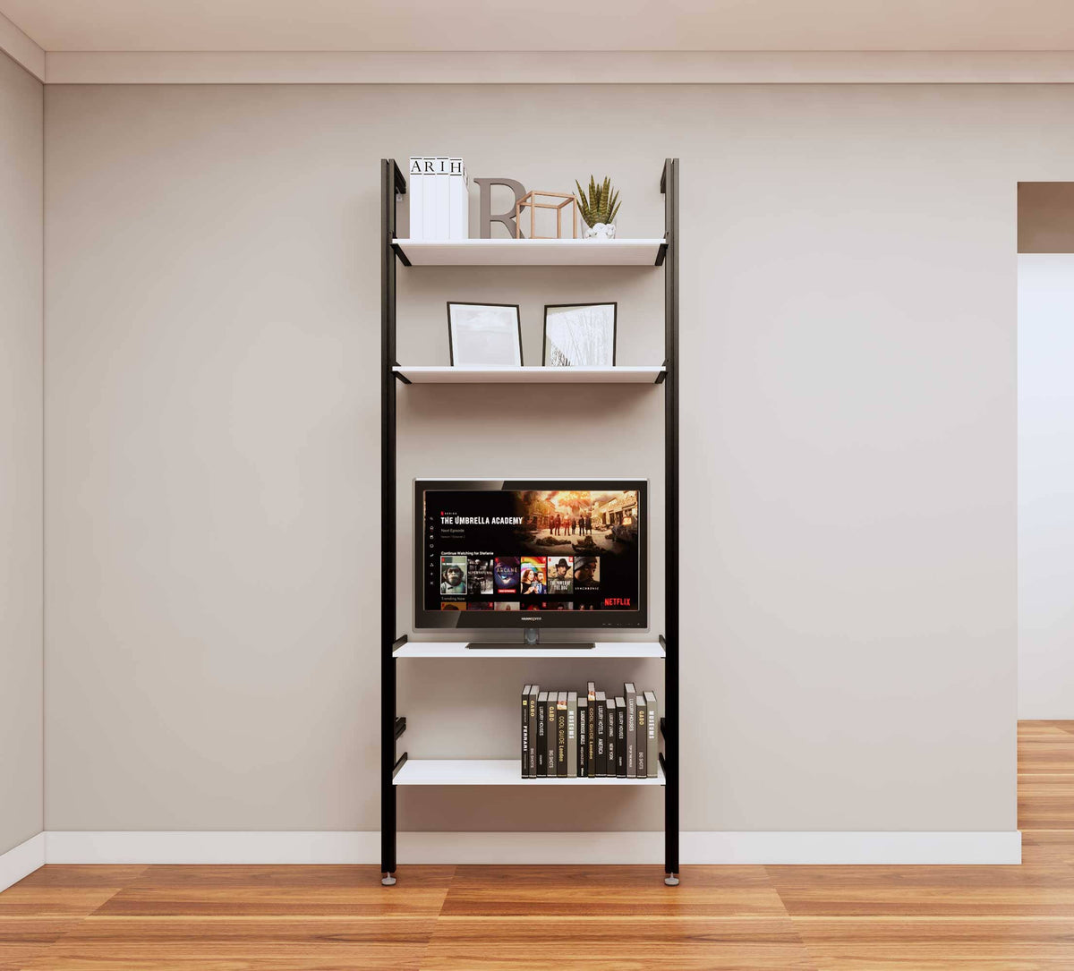 Modular media shelving unit with white shelves and black vertical posts, one bay, shown with open shelf levels.