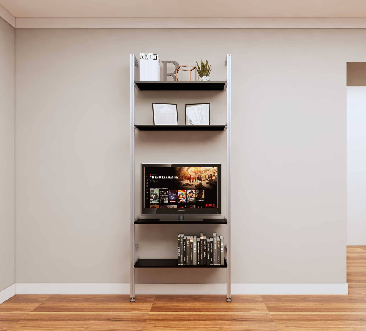 Modular media shelving extension with black shelves and satin vertical post, shown with open shelf levels.