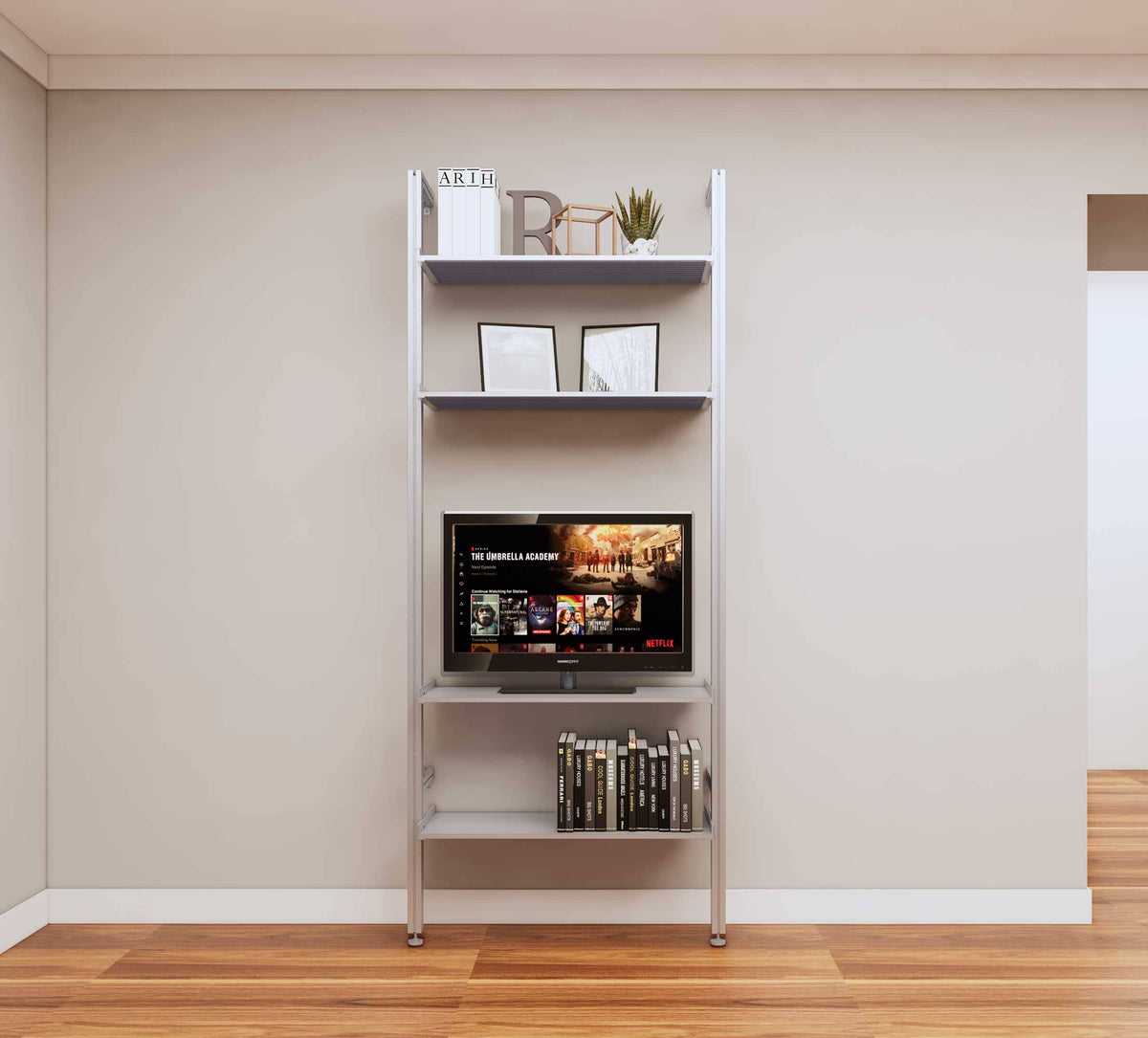 Modular media shelving extension with satin shelves and satin vertical post, shown with open shelf levels.
