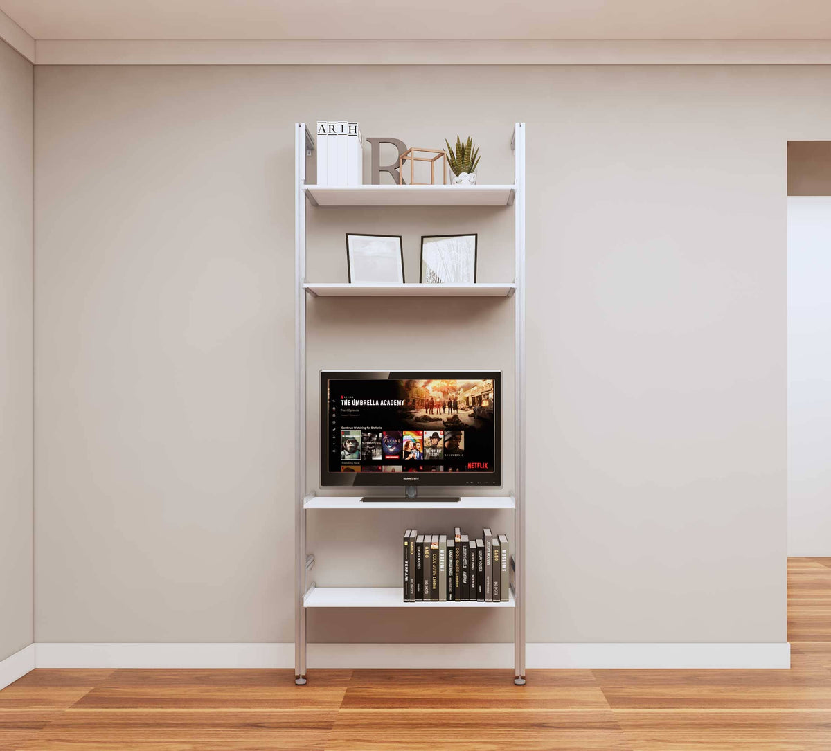 Modular media shelving extension with white shelves and satin vertical post, shown with open shelf levels.