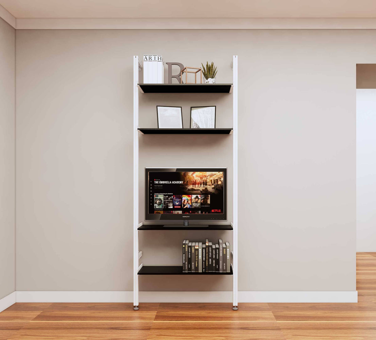 Modular media shelving unit with black shelves and white vertical posts, one bay, shown with open shelf levels.