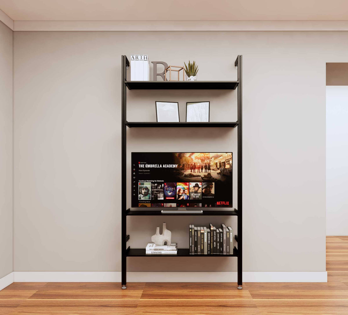 Modular media shelving unit with black shelves and black vertical posts, one bay, shown with open shelf levels.